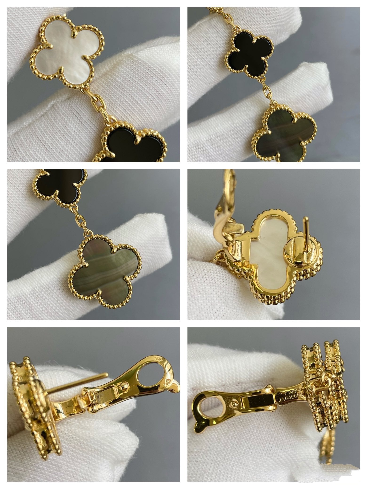 ¡®Glow¡¯CLOVER 3 MOTIF MOP ONYX DARK MOP PINK GOLD EARRINGS
