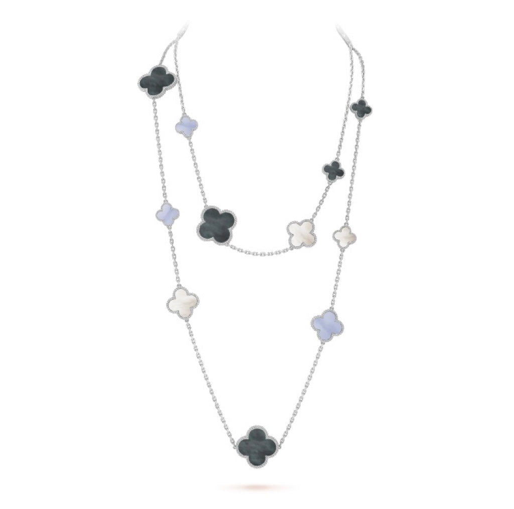 ¡®Glow¡¯CLOVER 16 MOTIF CHALCEDONY MOP SILVER NECKLACE