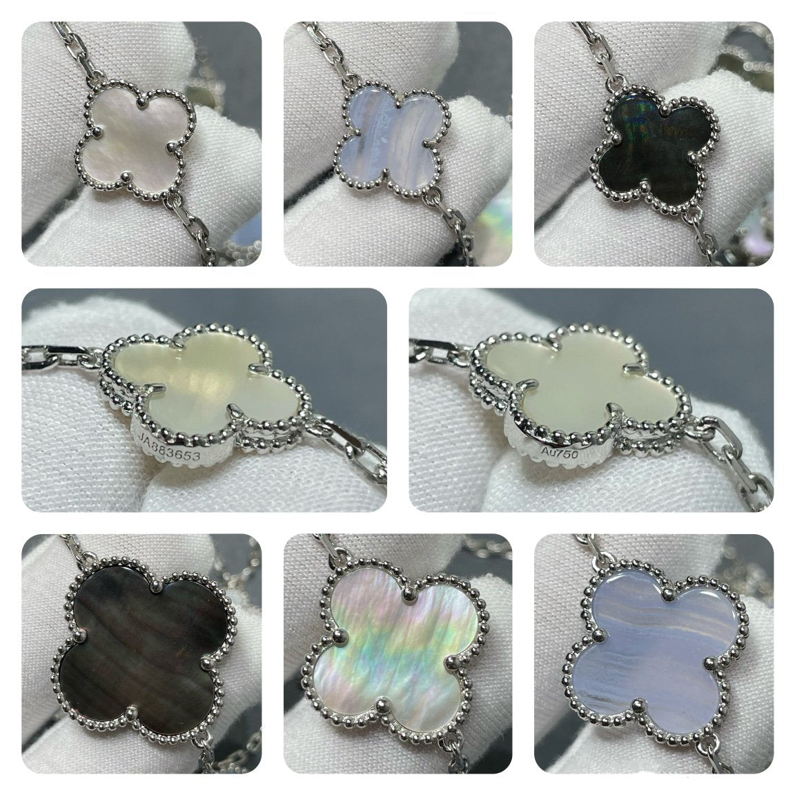 ¡®Glow¡¯CLOVER 16 MOTIF CHALCEDONY MOP SILVER NECKLACE