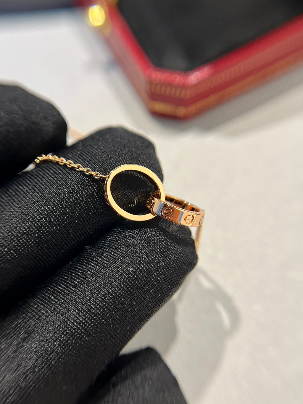 GlowLOVE NECKLACE DOUBLE RING PINK GOLD