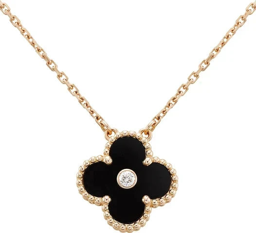 ¡®Glow¡¯CLOVER 15MM DIAMOND ONYX NECKLACE