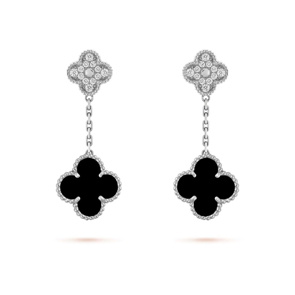 ¡®Glow¡¯CLOVER 2 MOTIFS  DIAMOND ONYX EARRINGS SILVER
