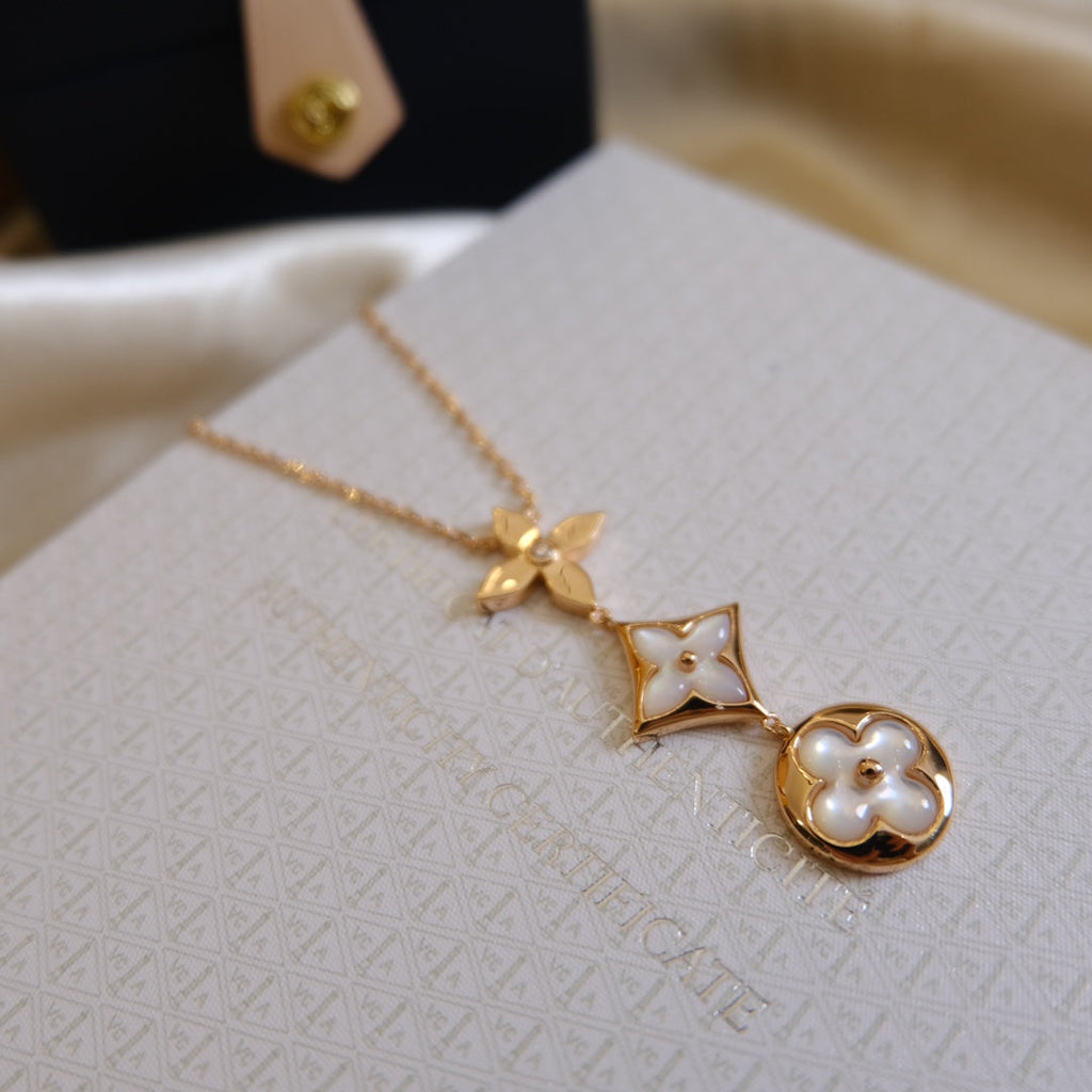 GlowCOLOR BLOSSOM LARIAT NECKLACE PINK GOLD WHITE MOTHER PEARL AND DIAMOND