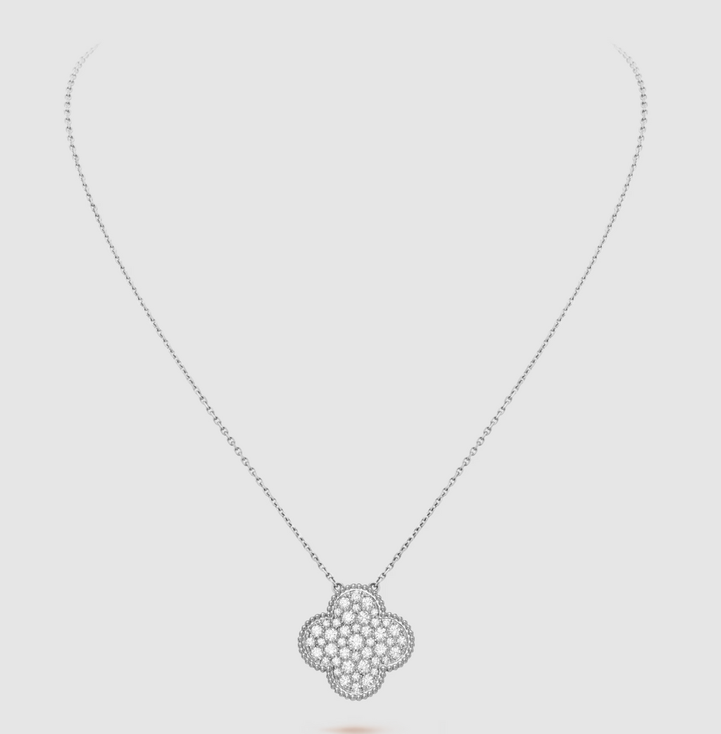 ¡®Glow¡¯CLOVER 25MM LARGE PENDANT DIAMOND PAVED SILVER NECKLACE